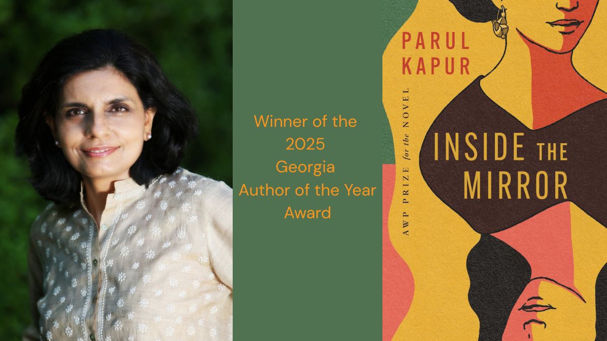 A woman with a book cover.